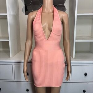Peach Ribbed Halter Neck Deep V Mini Dress Bodycon Stretch